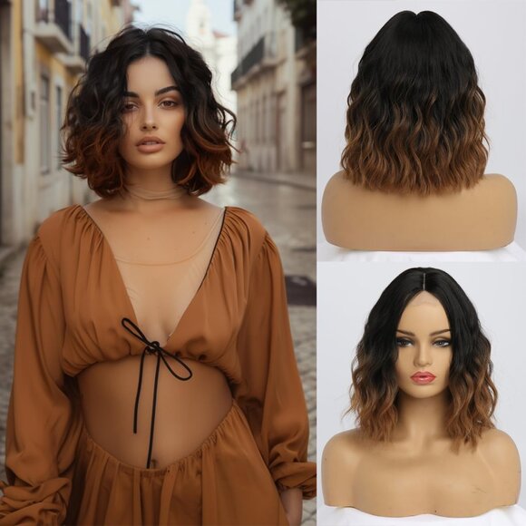 Short Brown Middle Part Wigs for Women Shoulder Length Bob Curly Wavy Synthetic